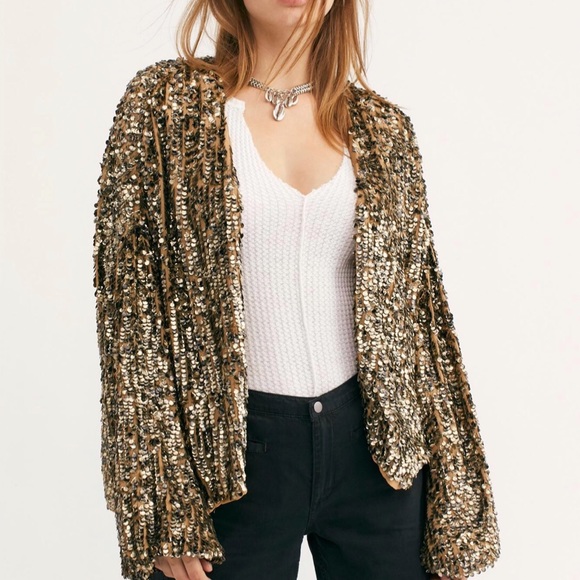 Free People Seeing Stars M/L Gold Black Allover Sequin Embellished Open Jacket - Picture 2 of 9